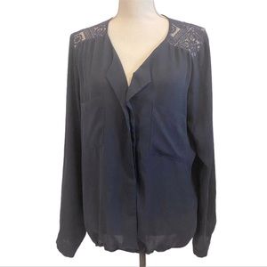 Suzy Shier Lace Panel Navy Long Sleeve Blouse Size Large